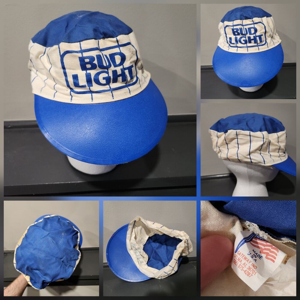 VTG Bud Light Budweiser Beer Blue Pinstripe Painters Hat Cap USA‎ Made STAINED